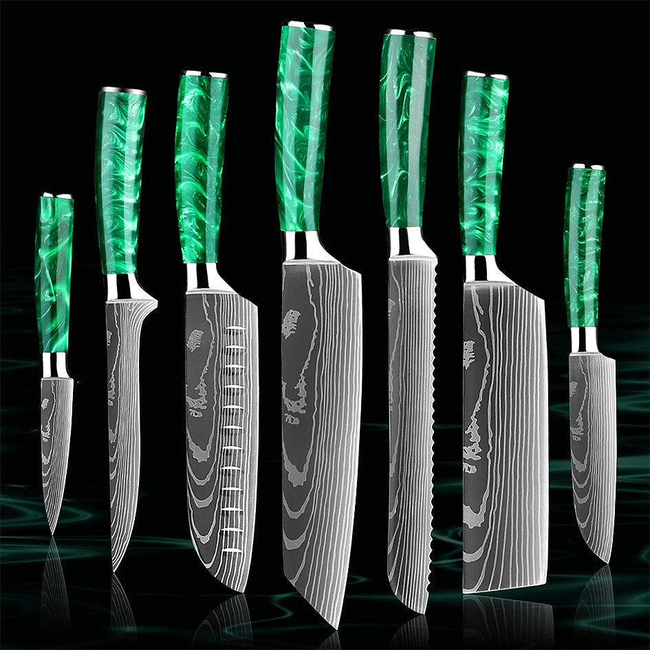 Kitchen Knife Set - Razor Sharp Green. A sleek 7-piece knife set featuring ultra-sharp steel blades and ergonomic green resin handles, perfect for precision cutting. Shop now: https://www.greengrillshop.com/products/kitchen-knife-set-razor-sharp-green