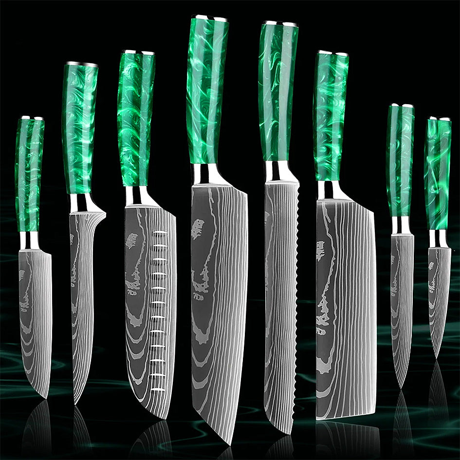 Premium Kitchen Knife Set - Razor Sharp Green. A professional 8-piece knife set with ultra-sharp steel blades and ergonomic green resin handles for effortless cutting. Get yours now: https://www.greengrillshop.com/products/kitchen-knife-set-razor-sharp-green