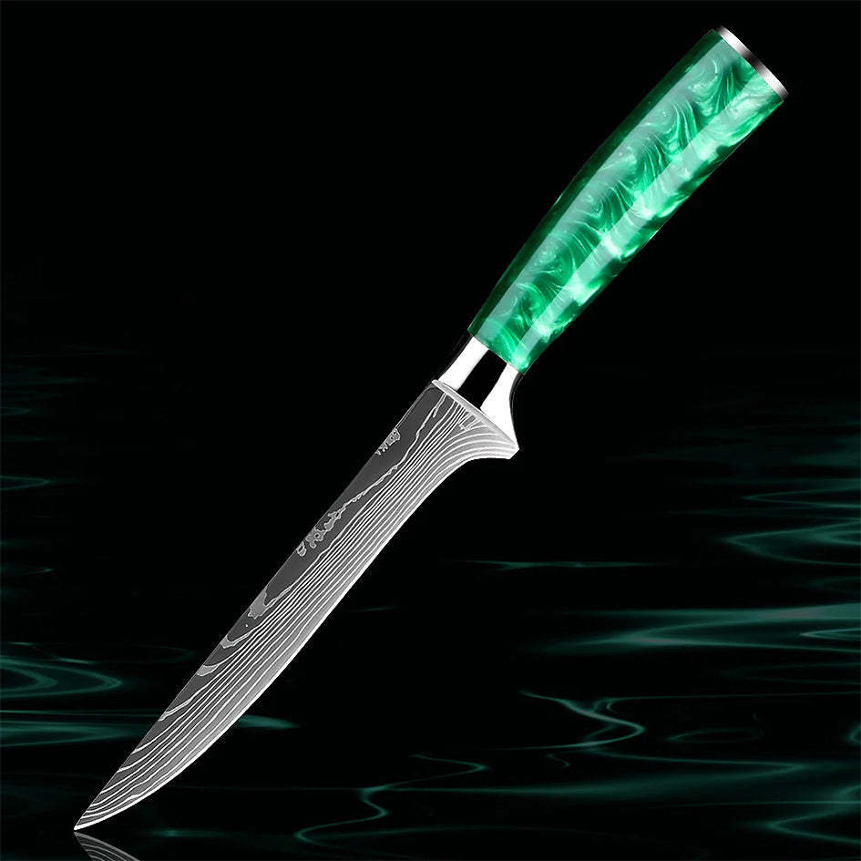 The Kitchen Knives - Razor Sharp Green 6" Boning Knife is expertly designed for precision meat cutting, deboning, and filleting. Its razor-sharp high-carbon stainless steel blade glides effortlessly through meat, while the ergonomic green resin handle ensures a secure, non-slip grip. Perfect for butchers, chefs, and home cooks. Available at: https://www.greengrillshop.com/products/kitchen-knives-razor-sharp-green.
