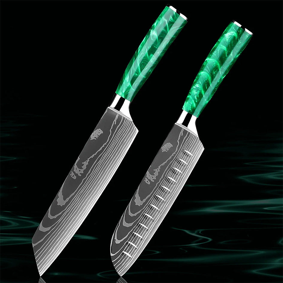 Santoku and Nakiri knives from the Kitchen Knife Set - Razor Sharp Green, featuring high-carbon steel blades and ergonomic green resin handles for precision and comfort. Get yours now: https://www.greengrillshop.com/products/kitchen-knife-set-razor-sharp-green