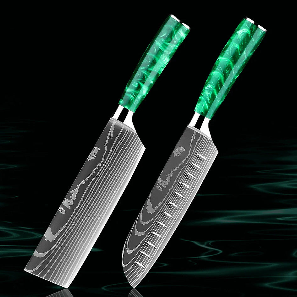 Nakiri and Santoku knives from the Kitchen Knife Set - Razor Sharp Green, designed for precision cutting with ultra-sharp blades and ergonomic green resin handles. Get yours here: https://www.greengrillshop.com/products/kitchen-knife-set-razor-sharp-green