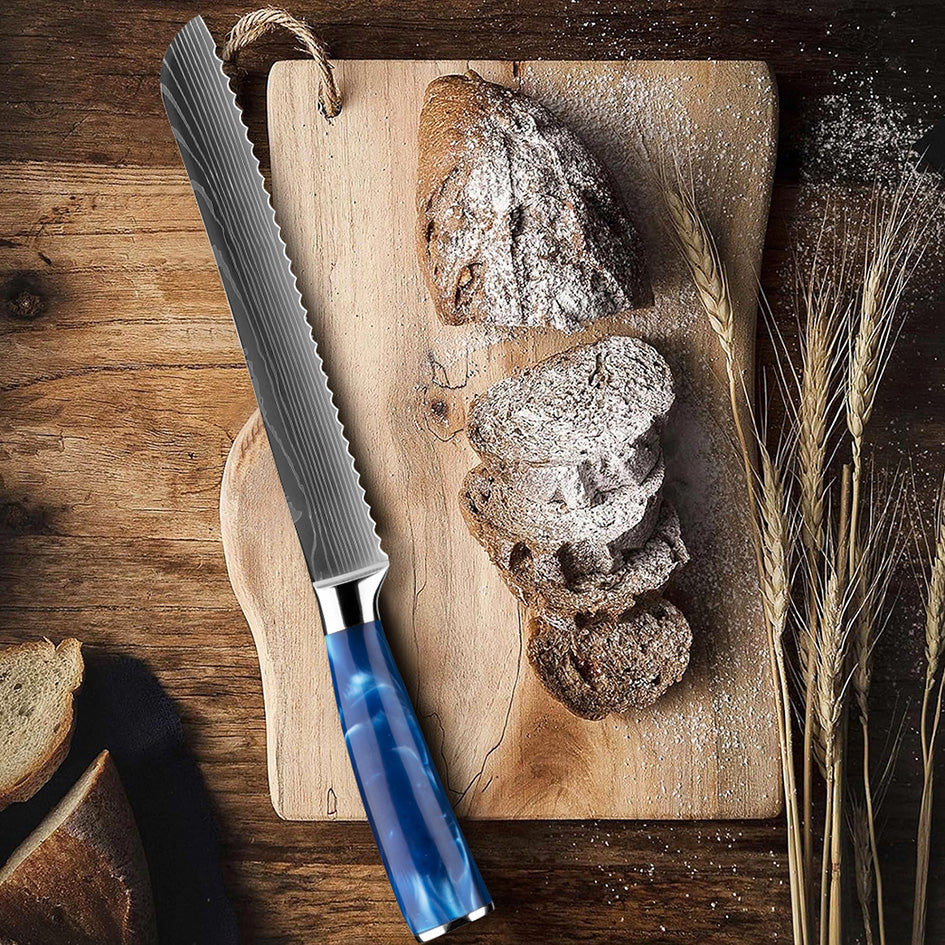 8" Razor Sharp Blue Bread Knife with a serrated Damascus steel blade, ideal for cutting through crusty bread with ease. Features an ergonomic blue resin handle for a secure and comfortable grip.