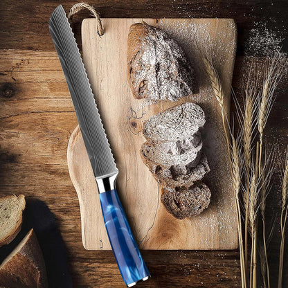 8" Razor Sharp Blue Bread Knife with a serrated Damascus steel blade, ideal for cutting through crusty bread with ease. Features an ergonomic blue resin handle for a secure and comfortable grip.