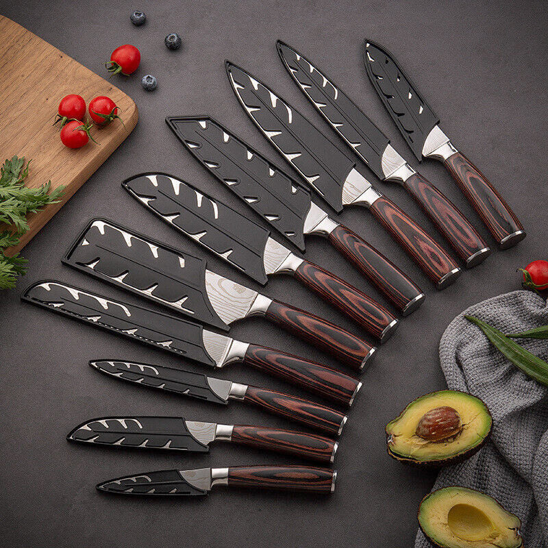 Japanese Knife Set - Samurai Premium Knives with protective black sheaths, featuring high-carbon stainless steel blades and wooden handles for precision cutting.