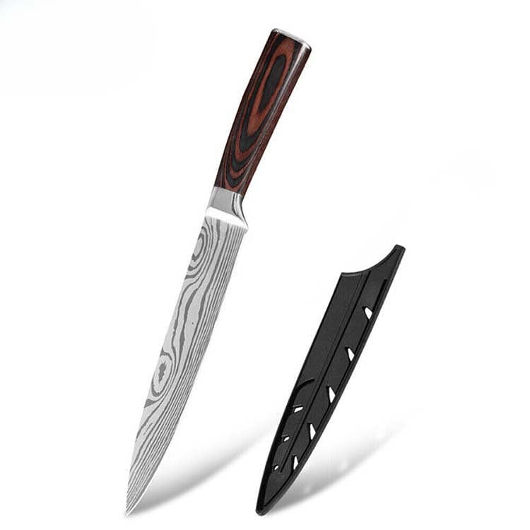 Japanese 8" Slicing Knife with Damascus steel blade and ergonomic wooden handle. Includes protective sheath for safe storage.