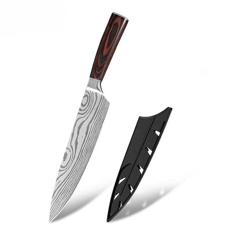Japanese 8" Chef Knife with Damascus steel blade and ergonomic wooden handle. Includes protective sheath for safe storage.