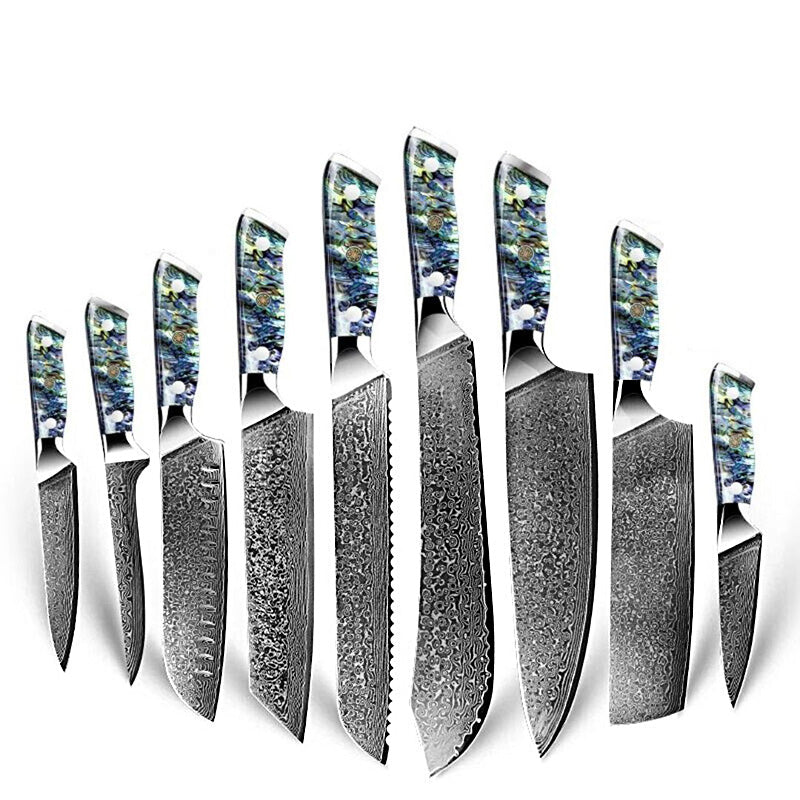 Set of nine Damascus steel knives with abalone shell handles, including chef knife, boning knife, utility knife, paring knife, santoku knife, bread knife, slaughter knife, cleaver, and slicing knife for precision cutting.