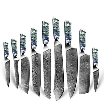 Set of nine Damascus steel knives with abalone shell handles, including chef knife, boning knife, utility knife, paring knife, santoku knife, bread knife, slaughter knife, cleaver, and slicing knife for precision cutting.