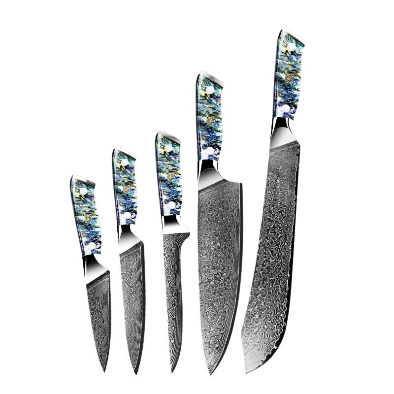 Set of five Damascus steel knives with abalone shell handles, including a chef knife, boning knife, utility knife, paring knife, and a slaughter knife for precision cutting.