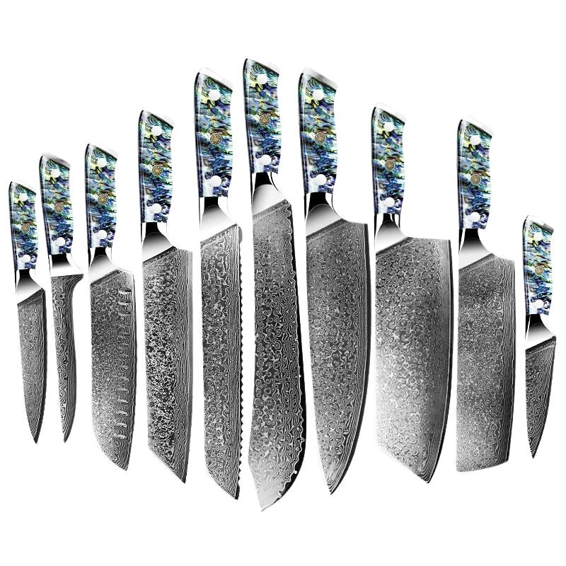 Complete set of 10 Damascus steel knives with abalone shell handles, featuring a chef knife, santoku knife, bread knife, cleaver, boning knife, utility knife, slicing knife, and paring knife for professional kitchen precision.