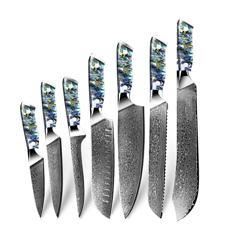 Set of seven Damascus steel knives with abalone shell handles, featuring a chef knife, boning knife, utility knife, paring knife, santoku knife, bread knife, and a slaughter knife for precise and professional cutting.