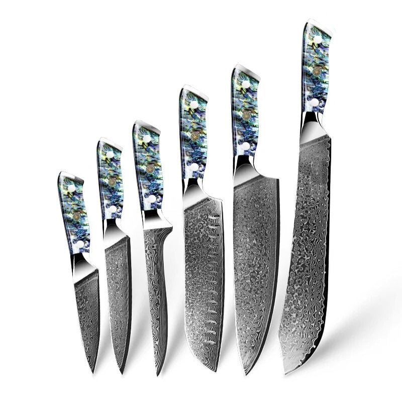 Set of six Damascus steel knives with abalone shell handles, featuring a chef knife, boning knife, utility knife, paring knife, santoku knife, and a slaughter knife for precision cutting.