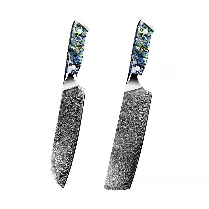 Japanese Damascus Santoku and Cleaver knives with abalone shell handles, featuring ultra-sharp blades for precise slicing, chopping, and effortless cutting.