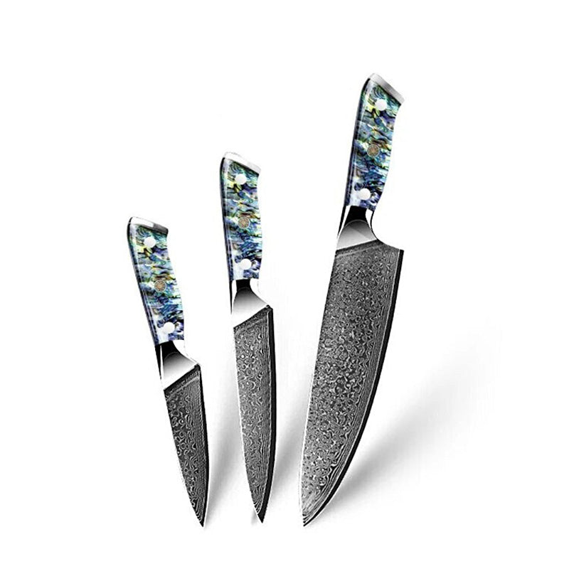 Japanese Damascus knife set featuring a chef knife, utility knife, and paring knife with abalone shell handles, designed for precision and versatility in the kitchen.