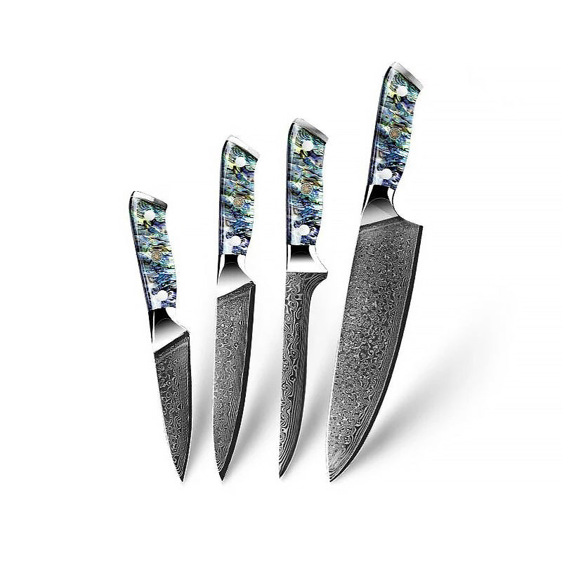 Set of four Damascus steel knives featuring abalone shell handles, including a chef knife, boning knife, utility knife, and paring knife for versatile kitchen tasks.