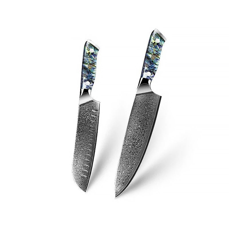 Japanese Damascus Chef and Santoku knives with abalone shell handles, designed for precision cutting, durability, and elegance in the kitchen.