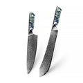 Japanese Damascus Chef and Slaughter knives with abalone shell handles, designed for precision cutting, durability, and professional-grade performance.