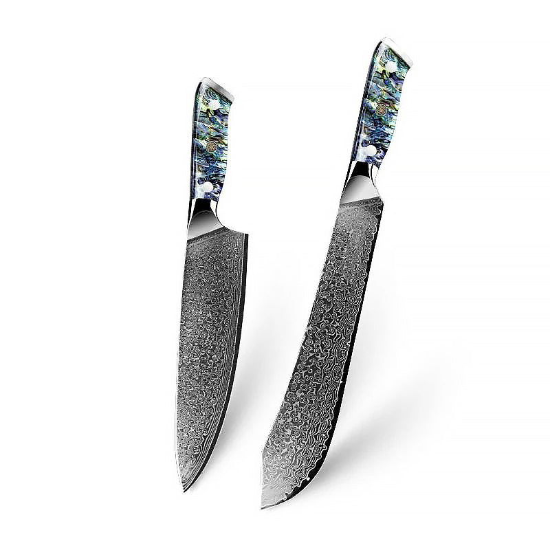 Japanese Damascus Chef and Slaughter knives with abalone shell handles, designed for precision cutting, durability, and professional-grade performance.