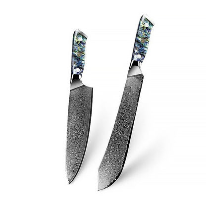 Japanese Damascus Chef and Slaughter knives with abalone shell handles, designed for precision cutting, durability, and professional-grade performance.