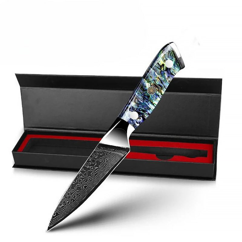 3.5" Paring knife made of Japanese Damascus steel with an abalone shell handle, displayed in a premium black gift box. Ideal for precision cutting and versatile kitchen use.