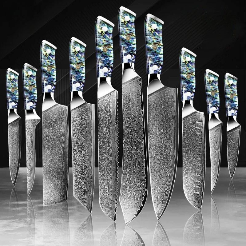 Green Grill Supreme Sharp Damascus Knife Set – a premium collection of professional Japanese knives featuring 67-layer Damascus steel and stunning abalone shell handles for precision and elegance in every cut.