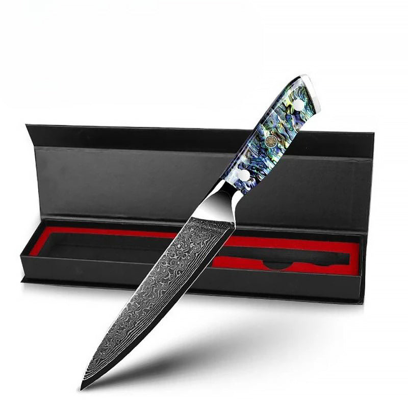 5-inch Utility knife made of Japanese Damascus steel with an abalone shell handle, displayed in a premium black gift box. Ideal for precision cutting and versatile kitchen use.