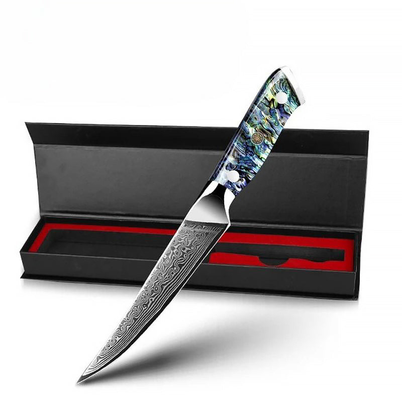 5-inch Steak Knife made from high-quality Japanese Damascus steel with an exquisite abalone shell handle, presented in a sleek black gift box. Perfect for effortless slicing of meats.