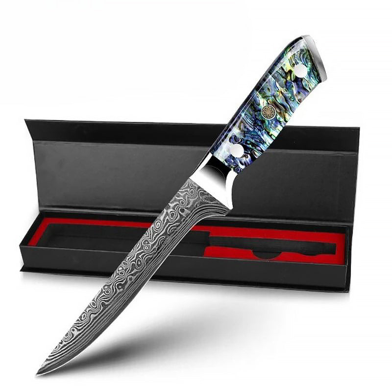 6-inch Boning knife crafted from premium Japanese Damascus steel with a stunning abalone shell handle, elegantly displayed in a black gift box. Designed for precision meat cutting and deboning