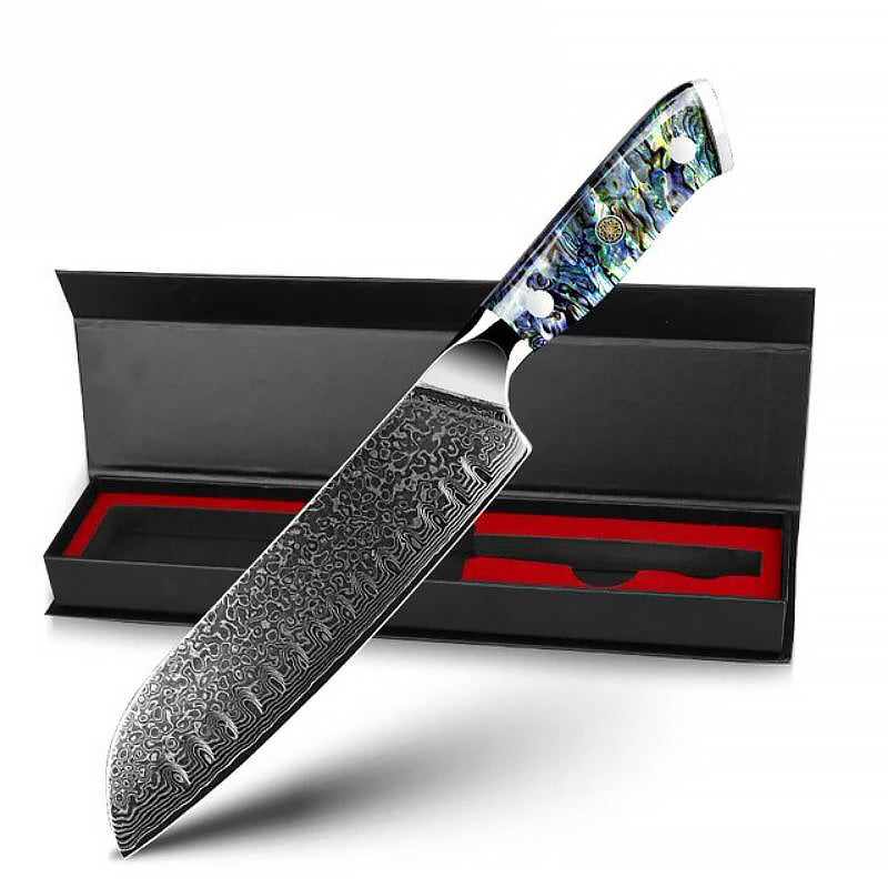 7-inch Santoku Knife crafted from premium Japanese Damascus steel, featuring a stunning abalone shell handle. Comes in an elegant black gift box for storage and presentation.
