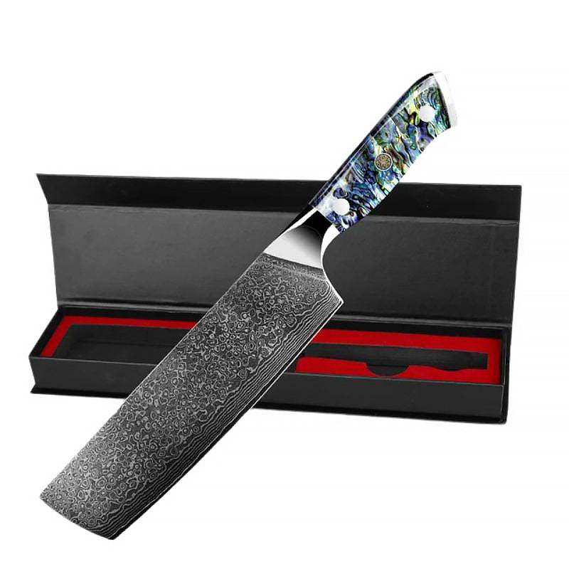 6-inch Cleaver Knife crafted from premium Japanese Damascus steel, featuring a striking abalone shell handle. Comes in a sleek black gift box for elegant storage and presentation."