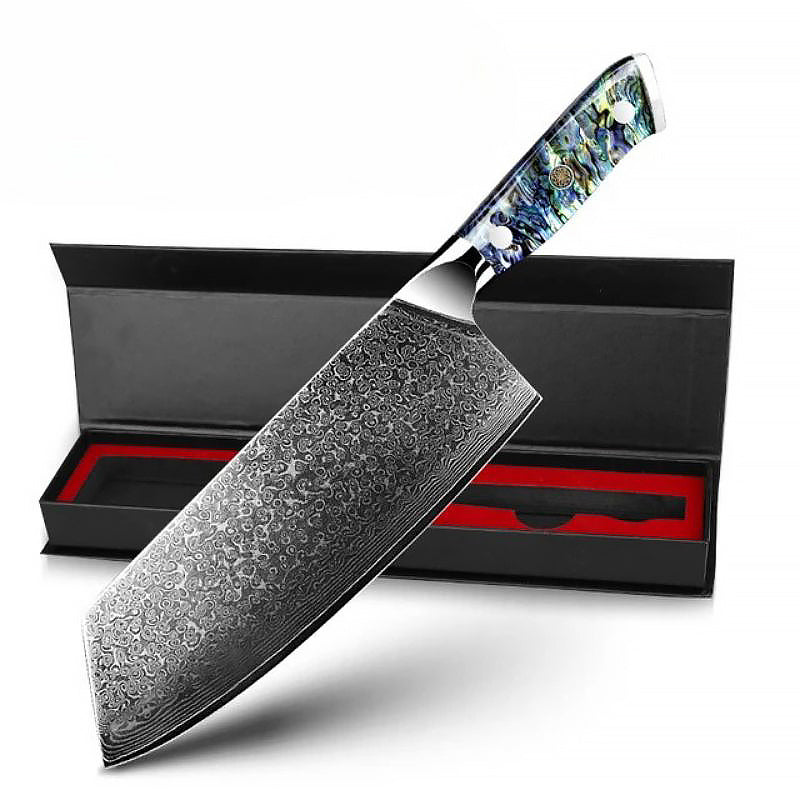 7.5-inch Cleaver Knife crafted from premium Japanese Damascus steel, featuring a striking abalone shell handle. Comes in a sleek black gift box for elegant storage and presentation."