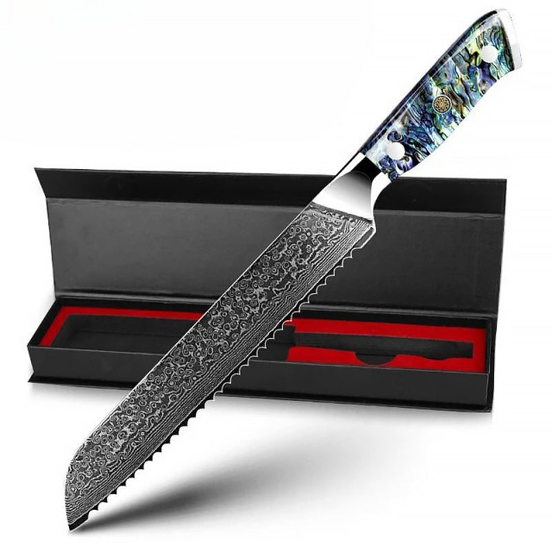 8-inch Bread Knife made from premium Japanese Damascus steel with a razor-sharp serrated edge. Features an abalone shell handle and comes in a luxurious black gift box