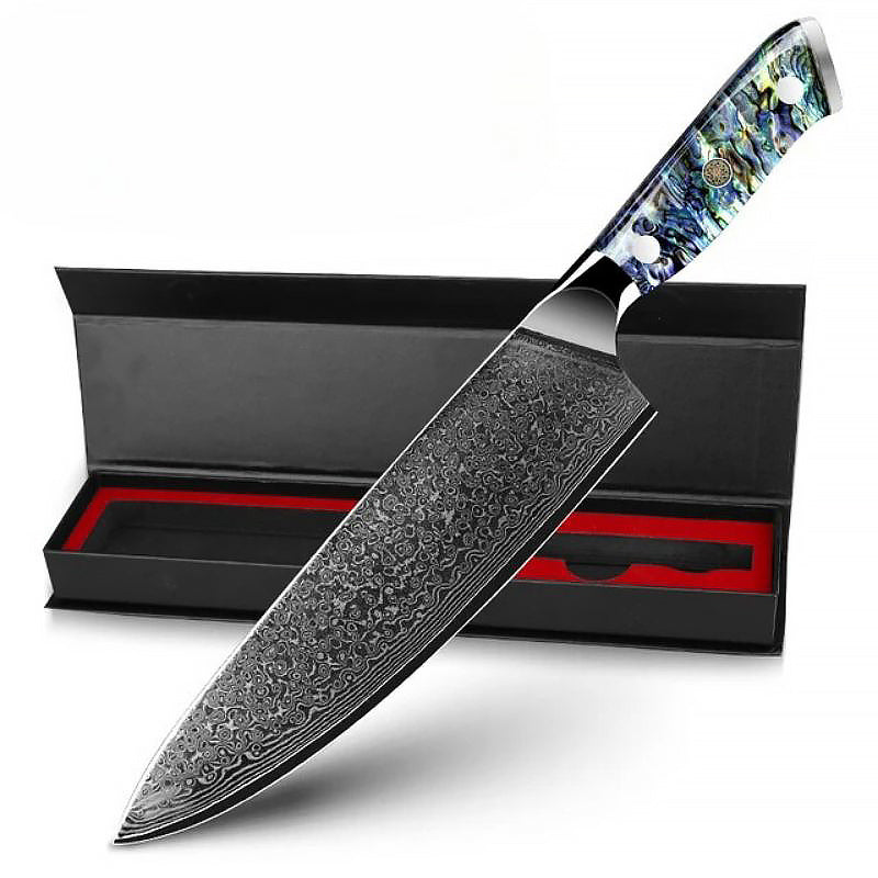 8-inch Chef Knife crafted from Japanese Damascus steel with an ultra-sharp edge. Features a stunning abalone shell handle and comes in a premium black gift box
