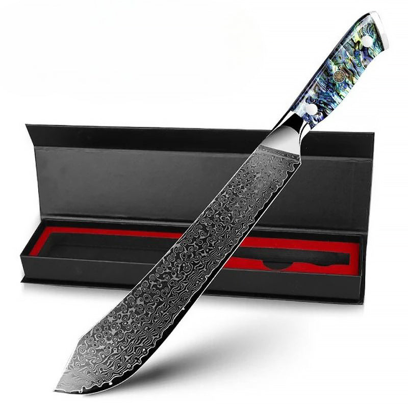 9-inch Slaughter Knife made from premium Japanese Damascus steel with a sharp, curved blade for precision cuts. Features an abalone shell handle and comes in a luxurious black gift box