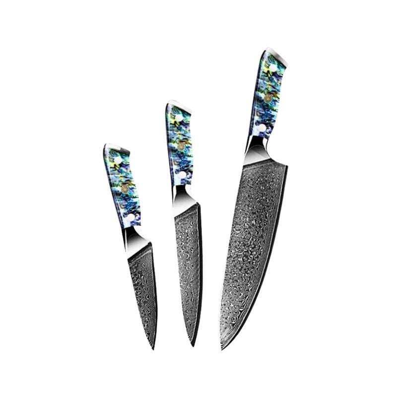 Supreme 3-piece Damascus kitchen knife set with abalone shell handles