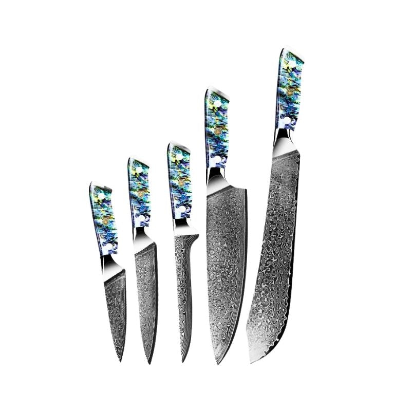 Supreme 5-piece Damascus kitchen knife set with abalone shell handles