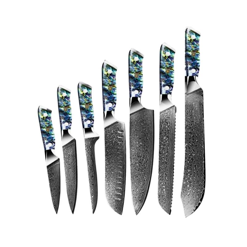 Supreme 7-piece Damascus kitchen knife set with abalone shell handles