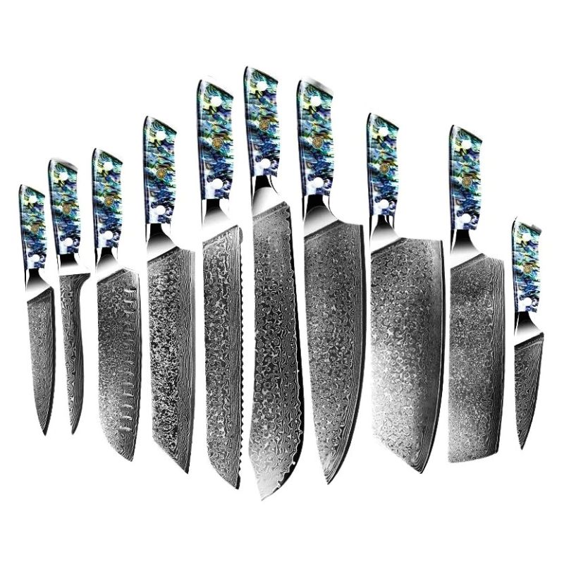 Supreme 10-piece Damascus kitchen knife set with abalone shell handles