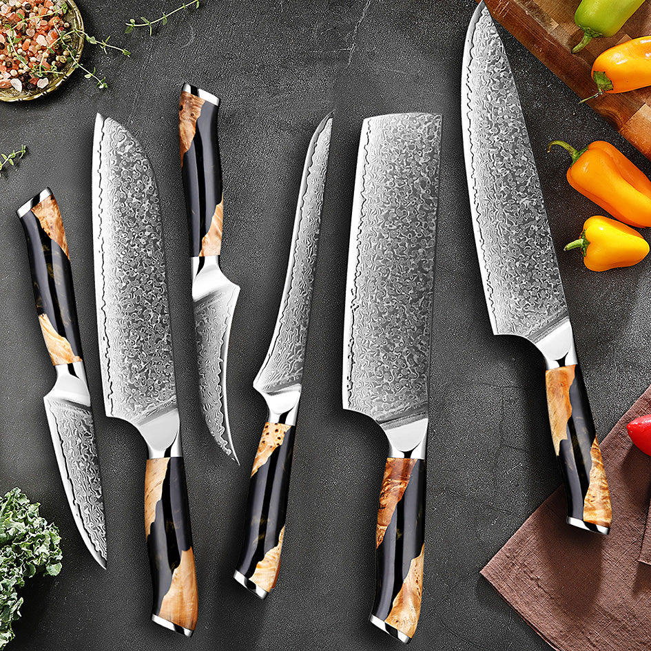 Kitchen Knife Set VG10 Damascus - 7-piece premium Damascus steel knife set - Green Grill