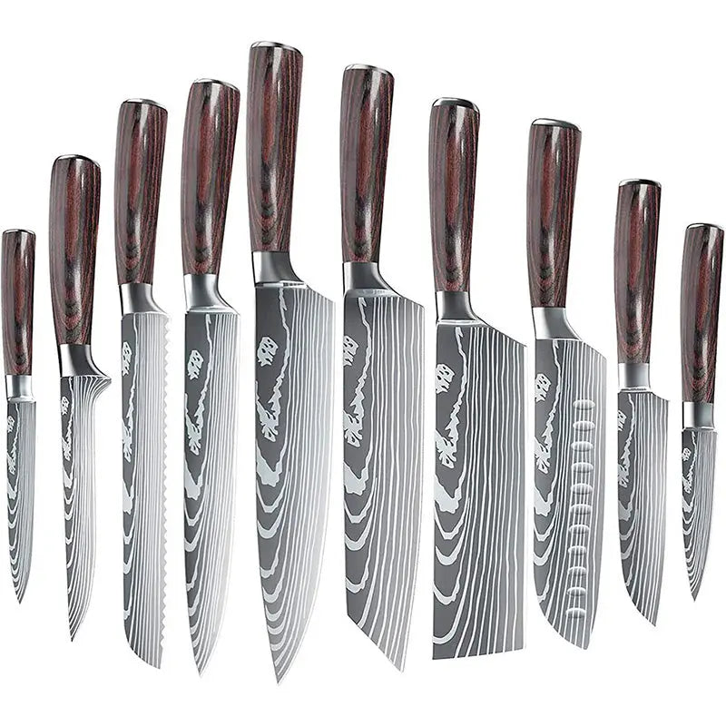 Japanese Knife Set - Samurai Premium 10 Knives Set with high-carbon stainless steel blades and ergonomic wooden handles for precise and durable cutting.